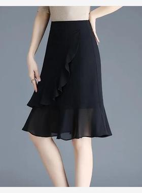 黑色雪纺短裙半身裙女夏季2024新款裙子高腰显瘦a字鱼尾裙包臀裙