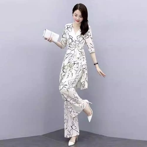 雪纺套装女夏季2026新款气质大码时尚雪纺衫宽松遮肚阔腿裤两件套