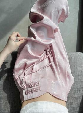 新中式缎面提花阔腿裤女2025春夏装新款高腰宽松直筒垂感盘扣长裤