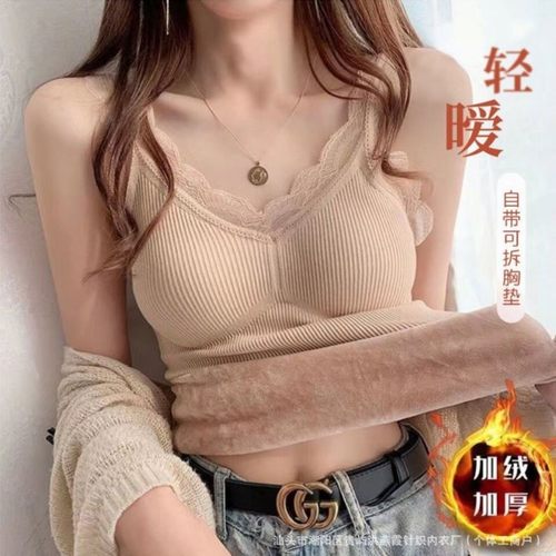 秋冬磨毛法式蕾丝纯欲吊带美背一体杯免穿文胸背心女修身显瘦6100