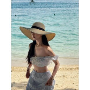 网红夏日草帽海边度假女款2025新款大帽檐可折叠遮阳帽防晒沙滩帽
