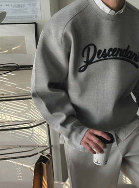 MYQ字母贴布灰色卫衣男秋季宽松圆领上衣韩系休闲运动套头外套