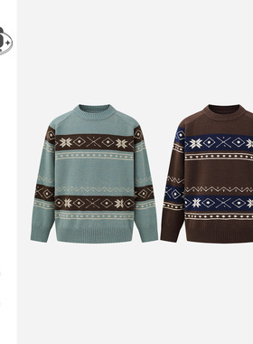 FORN3秋冬北欧复古圆领条纹针织衫男休闲慵懒风宽松毛衣外套AW237