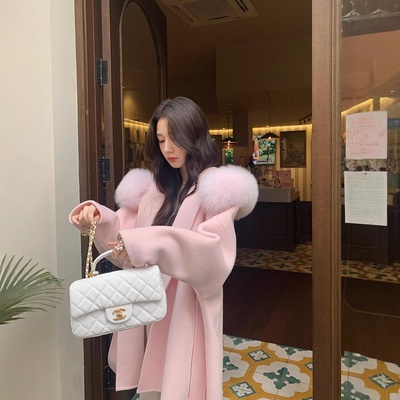 粉色冬季2025新款斗篷狐狸毛领双面羊绒大衣女中长羊毛呢皮草外套