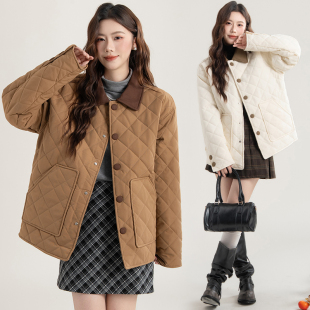 实拍 米色翻领菱格棉服女款2025新款冬季小个子高级感撞色棉袄