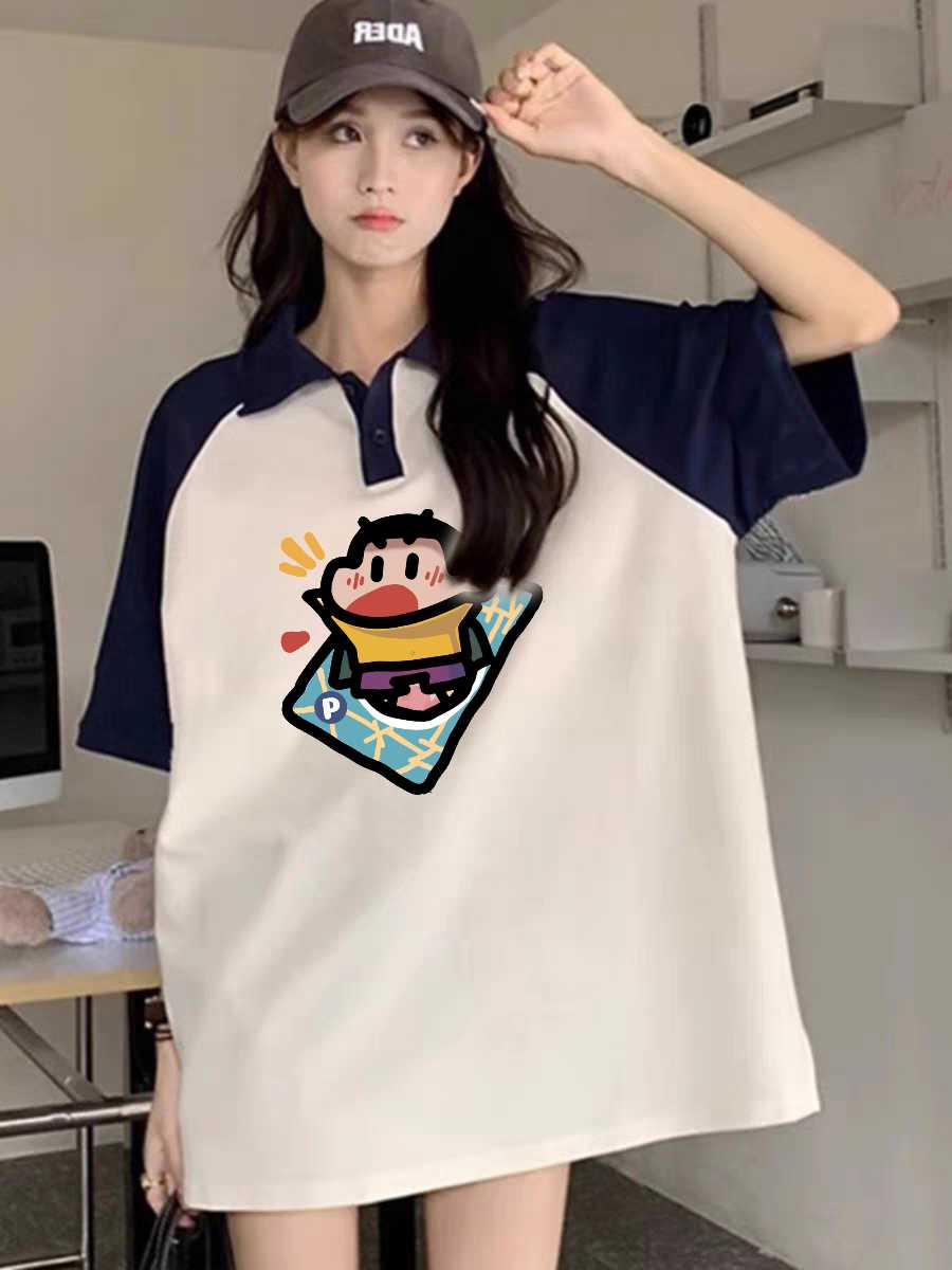 2025新款夏季美式复古蜡笔小新印花短袖t恤女小众设计感撞色拼接
