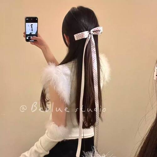 少女风甜美复古黑白波点蝴蝶结发夹气质百搭飘带抓夹碎发边夹发卡