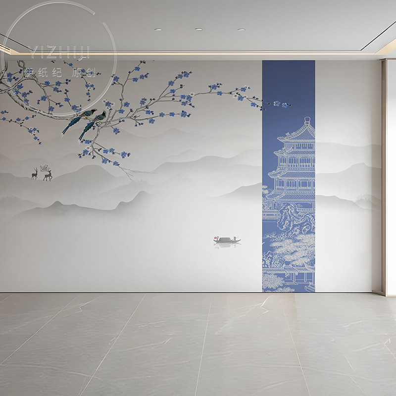 现代中式意境淡雅客厅背景墙壁纸沙发水墨山水3d立体壁画卧室墙布