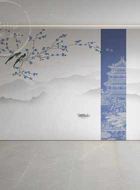 新中式水墨山水3D背景墙壁画墙布