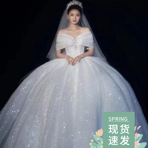 一字肩婚纱2023新款新娘主纱小个子高级质感奢华重工大码法式拖尾