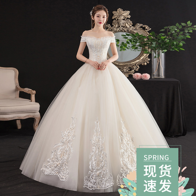 One word Korean style light wedding dress 2023 New dreamy, super immortal temperament, small bride, champagne Seedon system One word Korean style light wedding dress 2023 New dreamy, super immortal temperament, small bride, champagne Seedon system