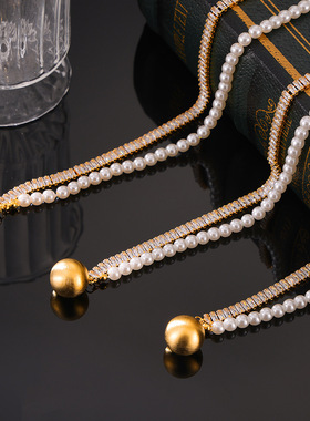 INS风个性铜材质微镶锆石拼接贝珠串珠项链轻奢几何圆球吊坠饰品