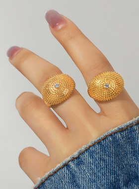 法式轻奢圆点纹镶嵌锆石开口指环铜材质小众个性气质潮流戒指