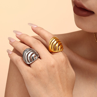 跨境不锈钢材质贝殼螺纹戒指女欧美小众戒指夸张时尚金字塔指环