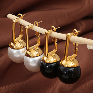 日韩简约设计感方扣圆彩珠耳环复古时尚小众个性钛钢镀18k金耳饰