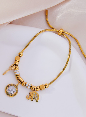 欧美跨境多元素配饰几何钛钢镀金镶钻抽拉绳手链时尚百搭个性饰品