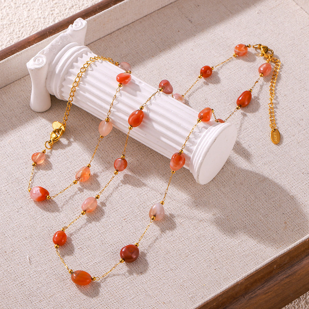 欧美跨境复古几何椭圆天然玛瑙石吊坠chic风轻奢设计项链手链套装