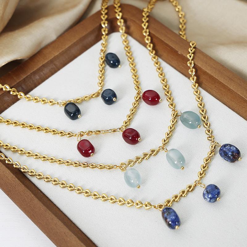 法式时尚百搭通勤饰品心形链玛瑙石青金石多吊坠设计钛钢镀金项链