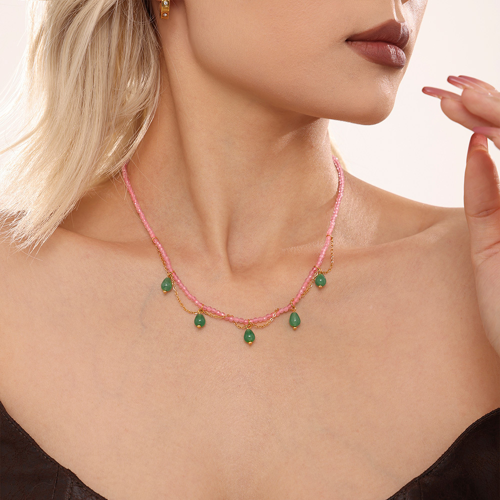 梦幻天然石手工串珠水滴猫眼石项链轻奢小众设计新款锁骨颈链现货