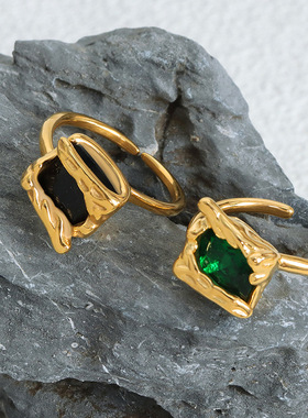 欧美小众ins风祖母绿个性开口戒指钛钢不锈钢18K不掉色指环女饰品