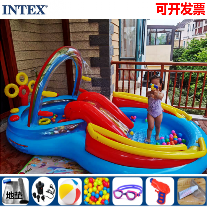 intex正品喷水充气轨道宝宝戏水池幼儿园豪华冲气彩虹滑梯游泳池