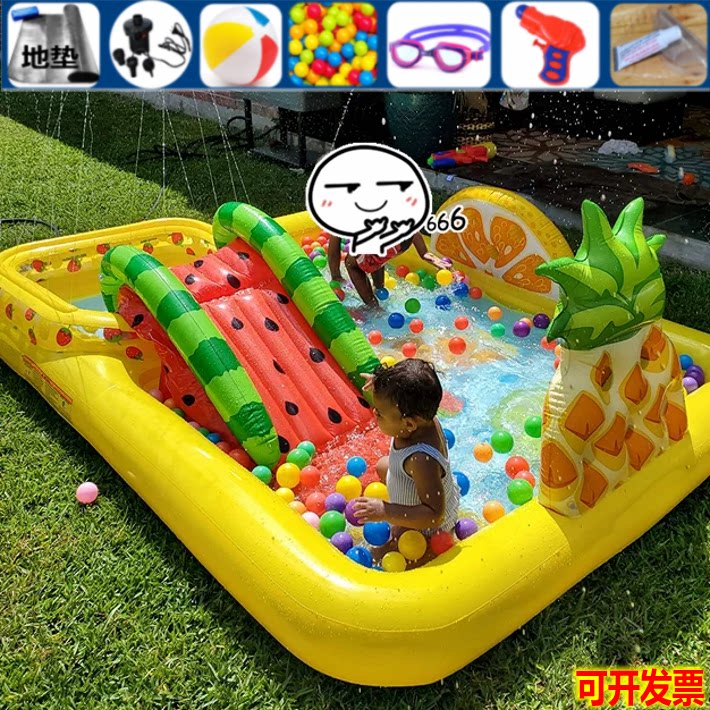 intex豪华多功能大号儿童充气西瓜滑梯游泳池幼儿菠萝喷水波波池