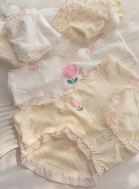 A类棉5条可爱郁金香纯欲甜美内裤女纯棉少女中腰学生三角裤5A抗菌