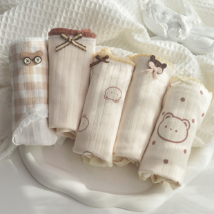 女纯棉抗菌学生少女中腰三角裤 5条装 日系奶肤色可爱卡通小熊内裤