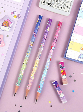 韩国BTS防弹少年团BT21木质铅笔3支6支套装0.5mm自动铅笔黑色8支