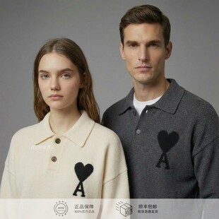 Paris毛衣新款 翻领男女同款 黑色大爱心情侣款 POLO衫 羊毛衫 Ami