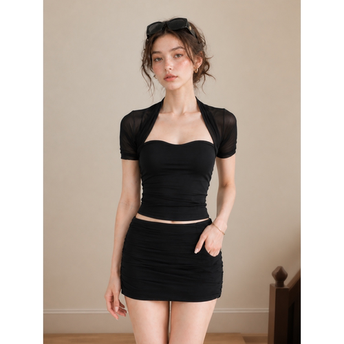 纯欲网纱拼接修身显瘦短袖T恤女