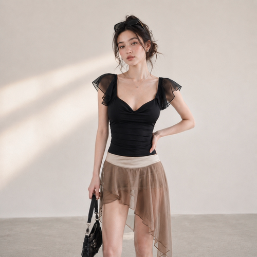 夏季韩系辣妹网纱修身短袖t恤女