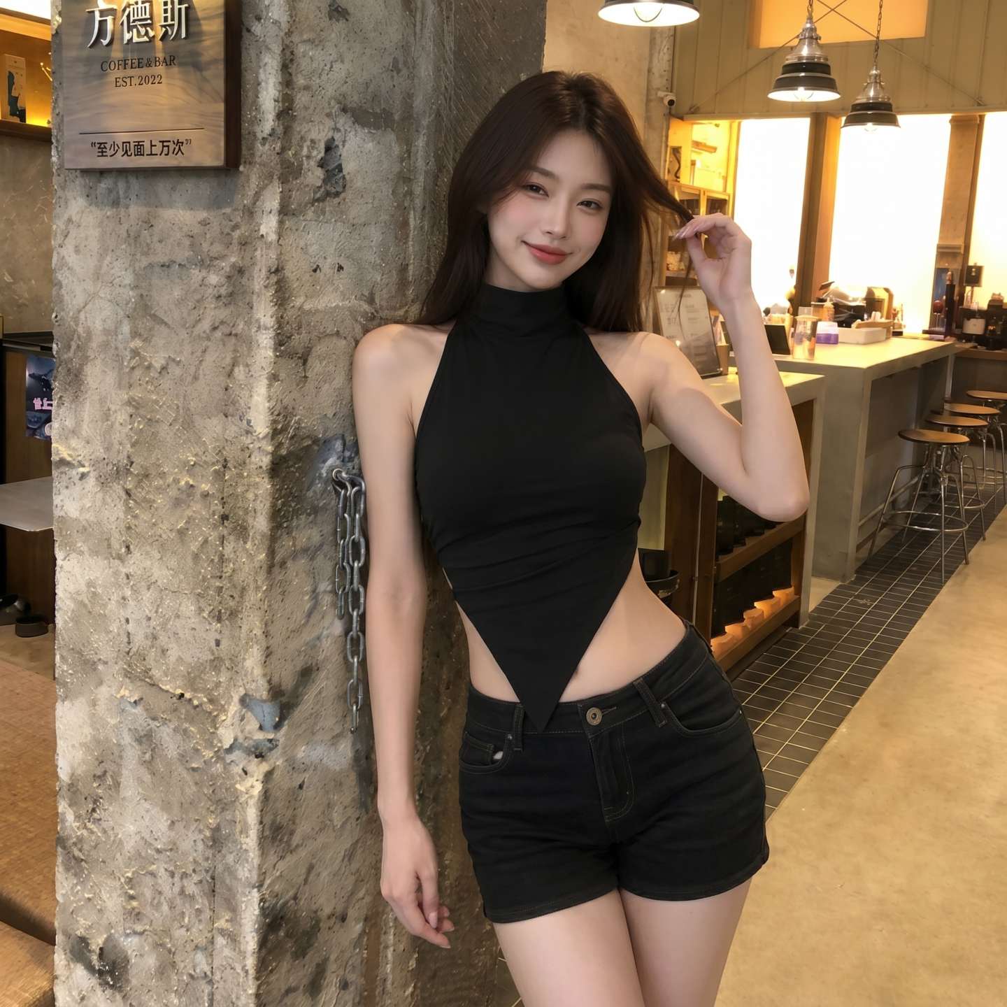 黑色高领挂脖露背辣妹吊带背心女图片