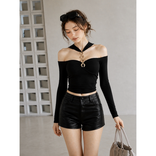 美式辣妹性感圆环挂脖长袖t恤女