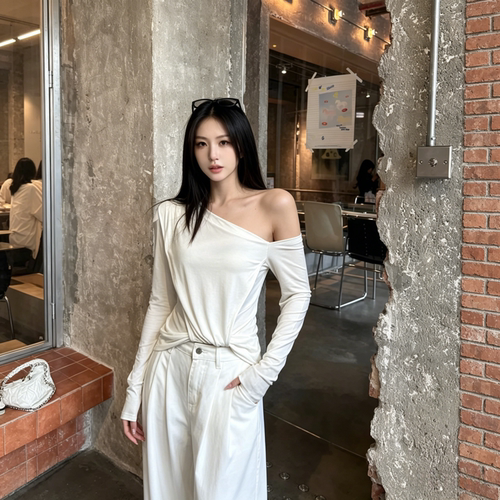 斜肩不规则设计感抽褶斜肩上衣女纯色百搭夏季露肩修身长袖t恤女
