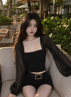 辣妹风网纱拼接灯笼袖收腰长袖t恤女年夏季凉感微透黑色上衣罩衫