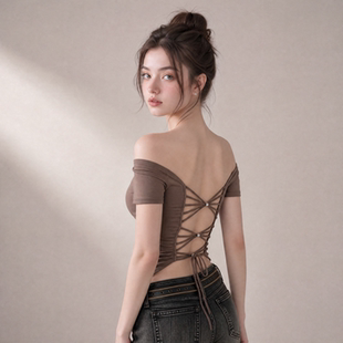 美式辣妹露背一字肩短袖t恤女2026夏季新款性感修身显瘦短款上衣