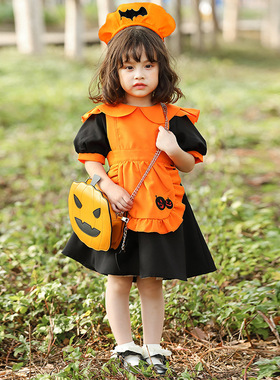 万圣节南瓜cosplay服鬼节主题派对儿童橙色蝙蝠幼儿园表演cos服