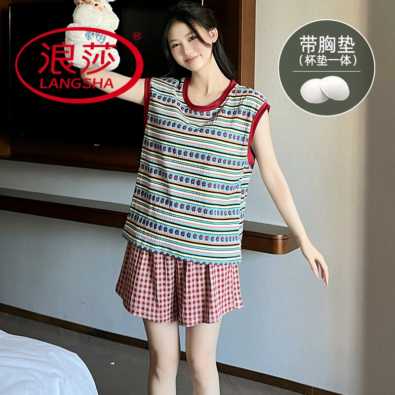 浪莎纯棉带胸垫睡衣女夏季无袖背心短裤薄款甜美韩范家居服假两件