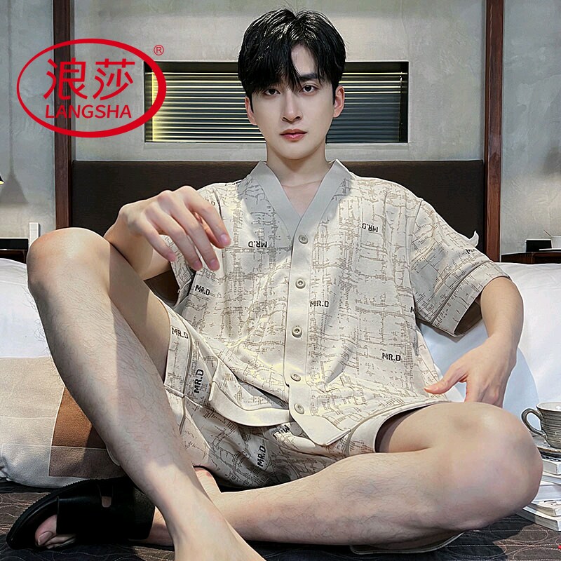 浪莎2025新款睡衣男夏季纯棉短袖短裤和服可外穿薄款韩范家居服两