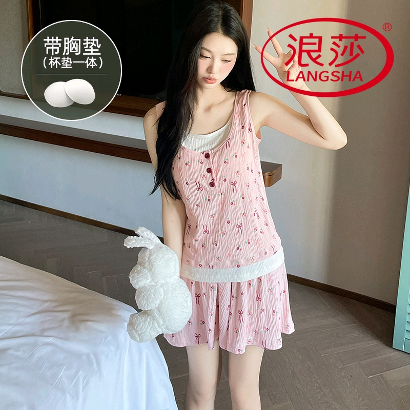 浪莎带胸垫睡衣女夏季纯棉薄款无袖背心短裤韩范家居服甜美假两件