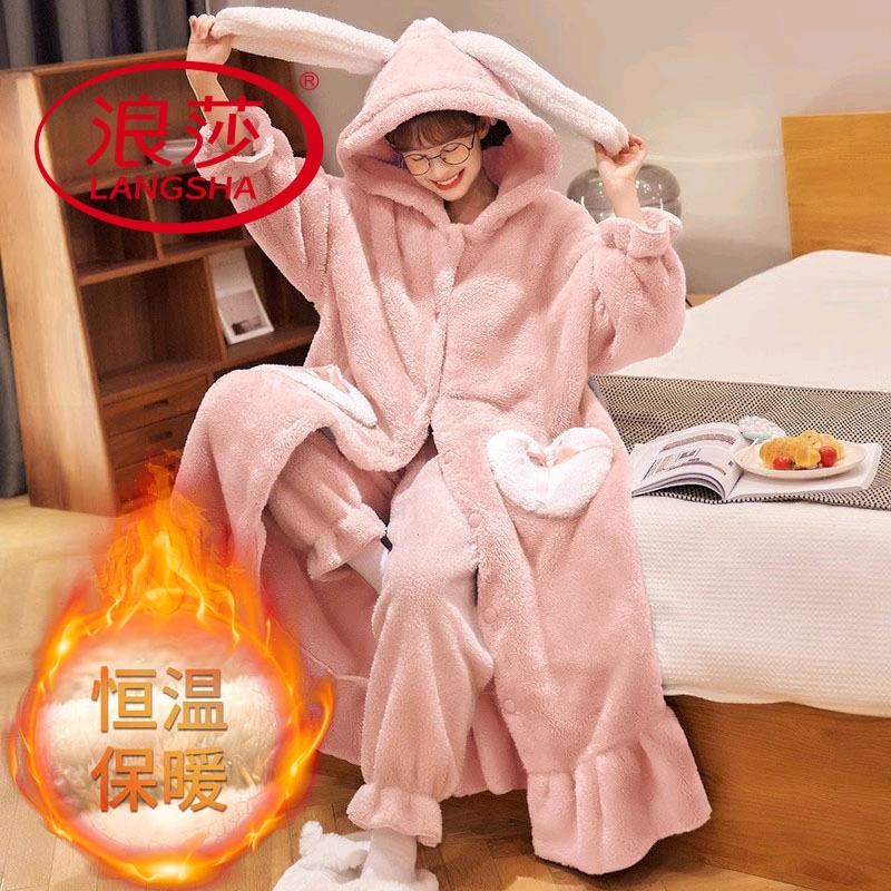 浪莎珊瑚绒睡衣女秋冬季连体睡袍