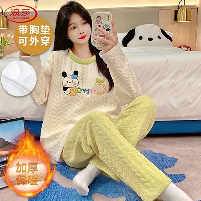 夹棉夹层空气棉睡衣女秋冬带胸垫