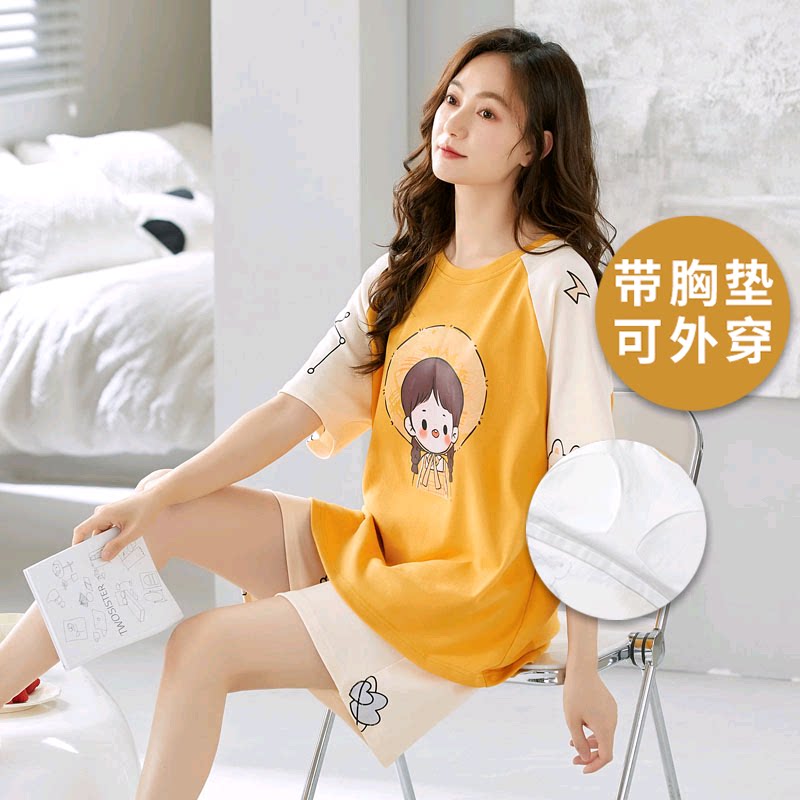 浪莎带胸垫睡衣女款夏天短袖纯棉2024新款夏季韩范女士家居服两件