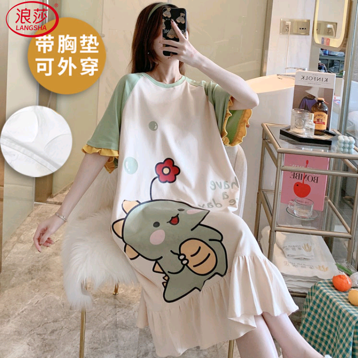 带胸垫睡裙女夏季纯棉短袖可外穿