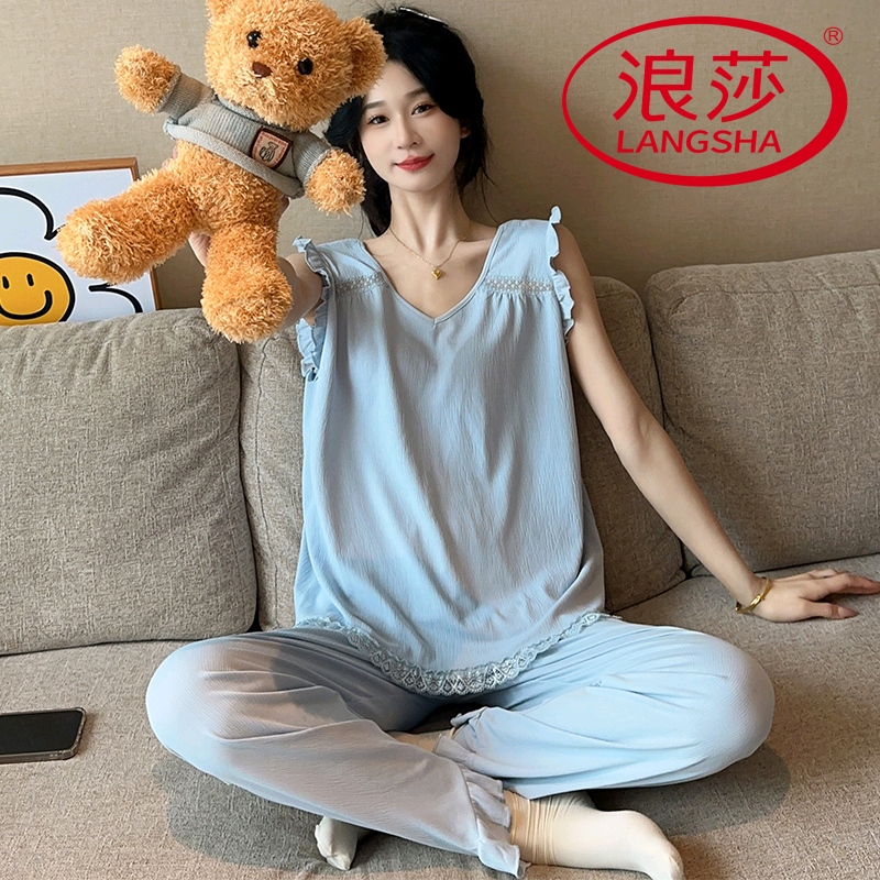 浪莎睡衣女夏季纯棉薄款背心吊带短裤睡裙长裤休闲甜美韩范家居服