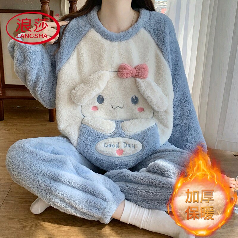 浪莎2024新款睡衣女秋冬季珊瑚绒甜美厚款毛绒韩范家居服网红风可