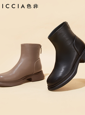 色非真皮骑士靴女款秋冬圆头粗跟后拉链厚底黑色牛皮女鞋D541