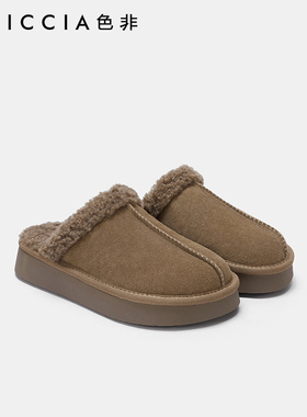 色非厚底加绒包头半拖鞋外穿毛毛拖冬季保暖时尚棉鞋女D769