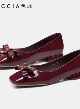 色非红色浅口单鞋女夏通勤小皮鞋优雅蝴蝶结配裙子C137